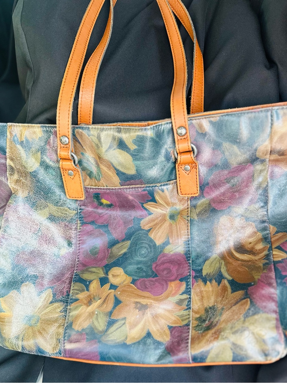 Patricia Nash Multicolor Floral Leather Tote with Tan Handles
